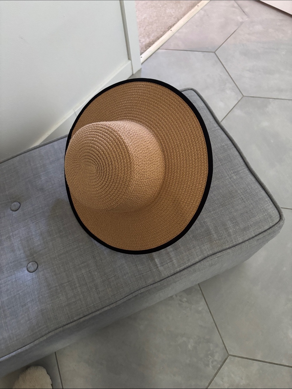 Women’s Tan Straw Sun Hat with Black Trim and Knot Band
